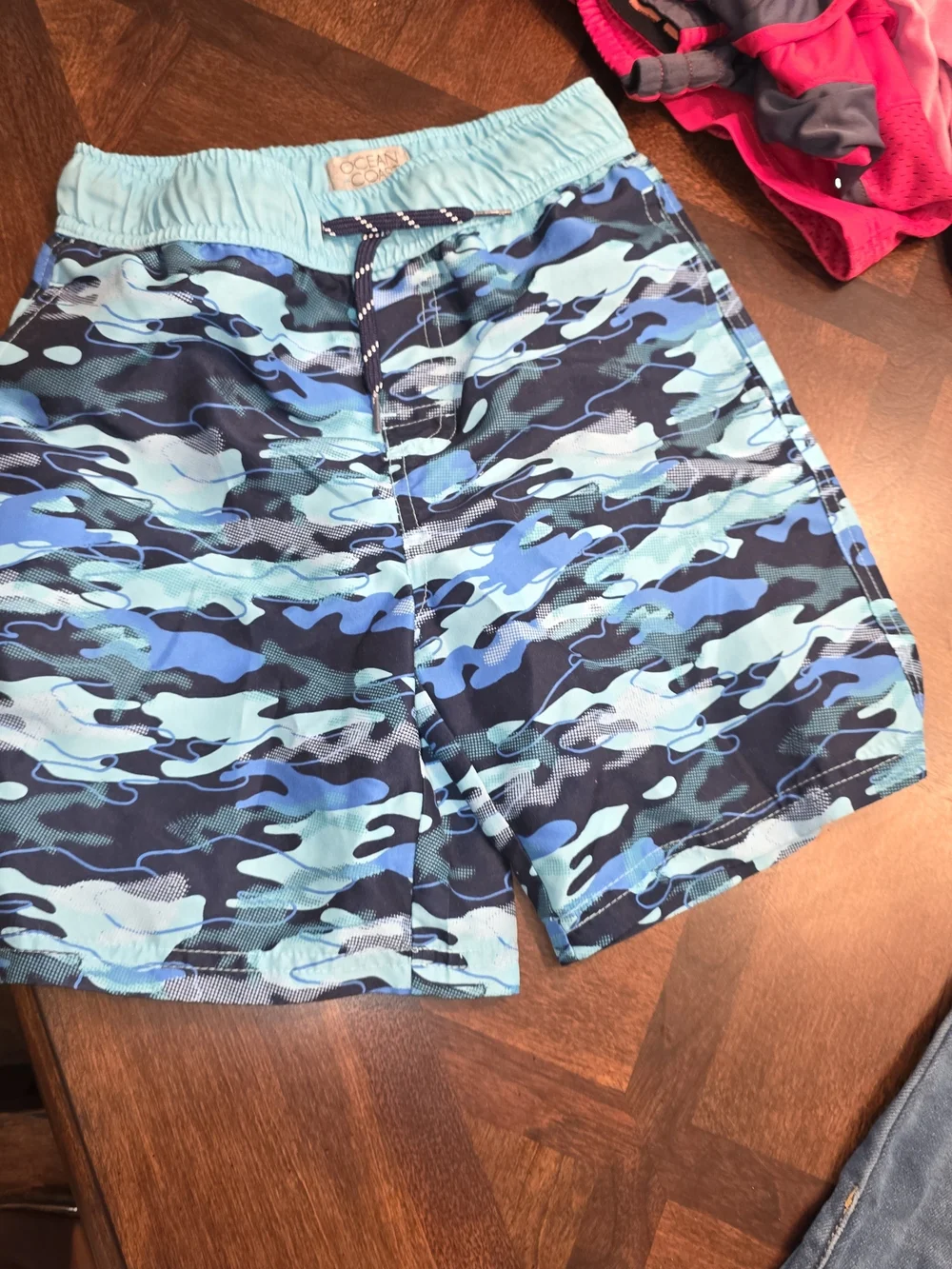Boys Blue Camo Swim Trunks with Elastic Waistband
